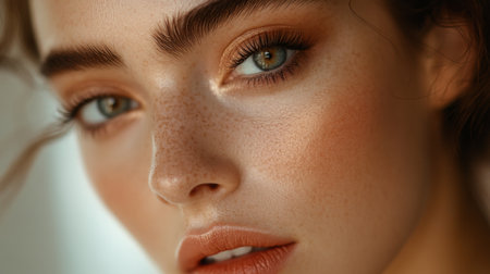High-resolution close-up of a woman with beautifully done makeup, including elegant eye makeup and a soft, natural lip color, capturing her graceful style.の素材