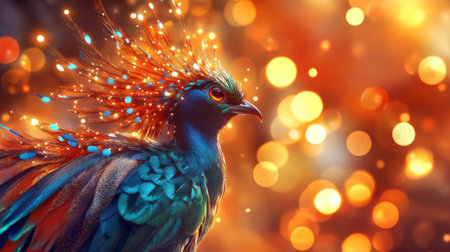 High-resolution close-up of a beautiful bird with intricate plumage, set against a backdrop of warm, glowing lights that enhance its vivid colors.の素材