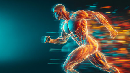High-resolution shot of a human body in motion, focusing on the dynamic movement of muscles and joints, illustrating physical activity and fitness.の素材
