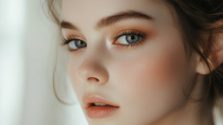 High-resolution close-up of a woman with beautifully done makeup, including elegant eye makeup and a soft, natural lip color, capturing her graceful style.の素材