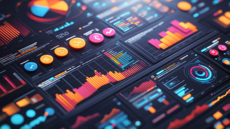 High-resolution close-up of a complex infographic with charts, icons, and data visualizations, emphasizing clarity and design for business presentations.の素材