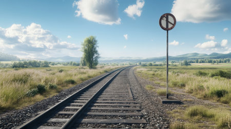 High-resolution view of a railway track with a signal post and railway sign, set in a rural area with a wide open sky and distant landscape.の素材