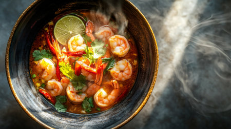 Top-down shot of Tom Yum Goong, the vibrant soup filled with shrimp, chili, and lime slices, all served in a hot, steaming bowl.の素材