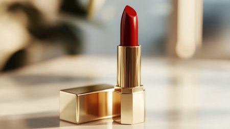 High-resolution close-up of a luxurious lipstick with a glossy finish and a chic case, positioned on a white surface to highlight its elegance.の素材