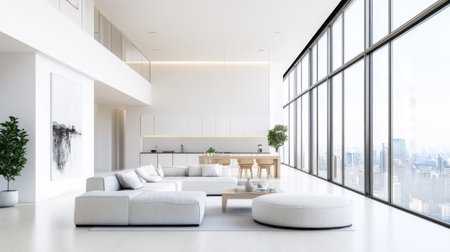 High-resolution shot of a minimalist living space with large windows, natural light, and a few carefully chosen decorative elements for a sophisticated look.の素材