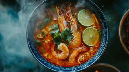 Top-down shot of Tom Yum Goong, the vibrant soup filled with shrimp, chili, and lime slices, all served in a hot, steaming bowl.の素材
