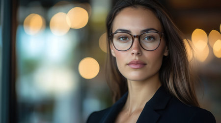 Portrait of a businesswoman with a polished appearance and clear focus, dressed in business attire, reflecting her commitment and leadership qualities.の素材
