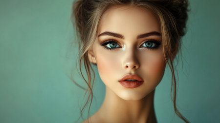 Portrait of a woman with an elegant hairstyle and makeup, showcasing her flawless complexion and well-defined facial features in a detailed close-up.の素材