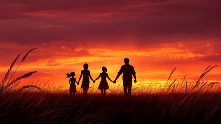 Silhouette of a happy family of four holding hands against a sunset background, capturing a sense of togetherness and warmth.の素材