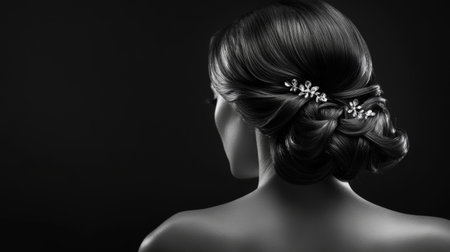High-resolution shot of a woman with a glamorous, pinned-up hairstyle, featuring smooth, elegant waves and decorative hairpins.の素材
