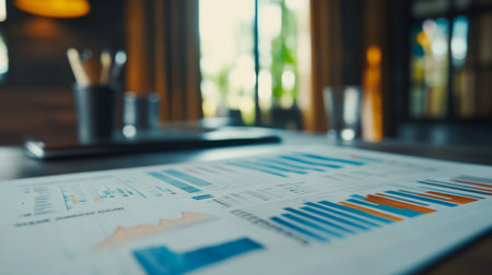 High-resolution close-up of a financial report with graphs and charts, showcasing detailed analysis and data visualization on a modern desk.の素材