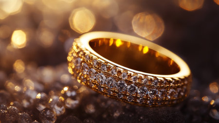 Macro shot of a gold ring encrusted with diamonds, its delicate design and fine gold texture captured in detail, symbolizing luxury.の素材