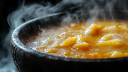 High-resolution close-up of a bowl of hot soup with a rich, golden color and steam rising from it, showcasing the appetizing texture and freshness.の素材