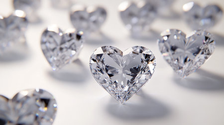 Several heart-shaped diamonds arranged in a delicate pattern on a white background, emphasizing their romantic appeal.の素材