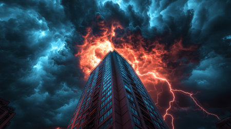 High-resolution view of lightning striking a tall building during a summer thunderstorm, with dramatic illumination and stormy clouds overhead.の素材