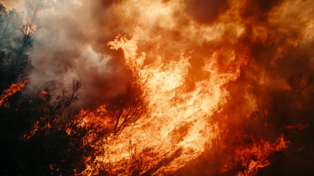 High-resolution close-up of a fire engulfing a forest, with thick smoke and bright flames creating a dramatic and impactful sceneの素材