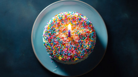 Top-down view of a festive birthday cake with colorful icing, sprinkles, and a cheerful candle, highlighting the celebratory and fun design.の素材
