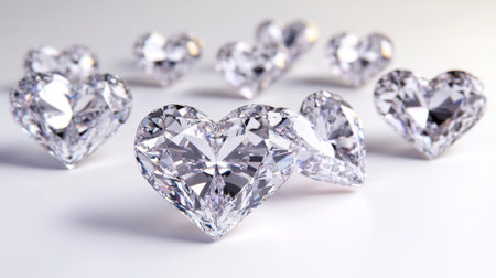 Several heart-shaped diamonds arranged in a delicate pattern on a white background, emphasizing their romantic appeal.の素材