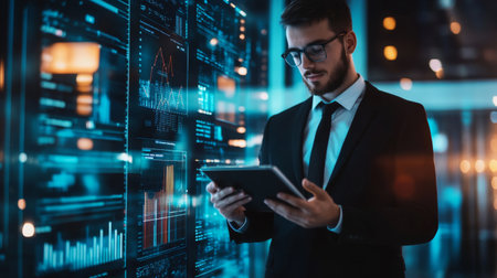 High-resolution view of a young businessman using a tablet to review business reports, with a modern office background, emphasizing technological integration in his workの素材