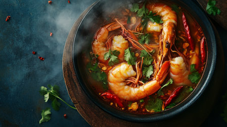 Steaming Tom Yum Goong from above, featuring plump shrimp, chili peppers, and fresh herbs in a tangy soup, with steam rising from the bowl.の素材