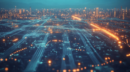 Visualization of electric waves coursing through a futuristic power grid, illustrating the concept of smart cities and renewable energy systems.の素材