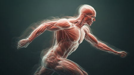 High-resolution shot of a human body in motion, focusing on the dynamic movement of muscles and joints, illustrating physical activity and fitness.の素材