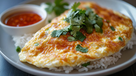 Close-up of a crispy, fluffy Thai omelette resting on rice, served with a side of spicy sauce and fresh herbs, highlighting the texture and rich flavor.の素材