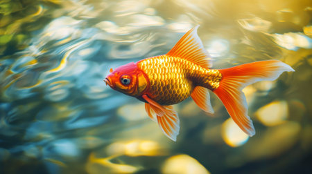 An elegant goldfish swimming in a crystal-clear pond, with reflections of its vibrant colors shimmering on the water's surfaceの素材