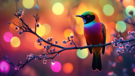 Close-up of a vibrant bird perched on a branch, with a stunning, blurred background of colorful lights and bokeh effects creating a magical atmosphere.の素材