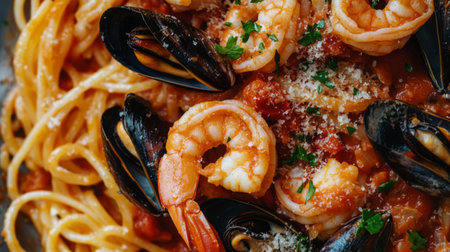 Delicious seafood pasta from above, with shrimp, clams, and mussels mixed in a rich tomato sauce, garnished with parsley and Parmesan cheese.の素材