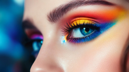 Close-up of a woman with vibrant, artistic makeup, featuring colorful eyeshadow and eyeliner, demonstrating creativity and boldness in her beauty look.の素材
