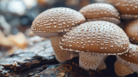Close-up of shiitake mushrooms growing on a log or substrate, highlighting their natural growing environment and the texture of their caps and stems.の素材