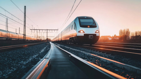 Close-up of an electric train gliding smoothly along the tracks, highlighting the sleek design and modern features against a clear sky.の素材