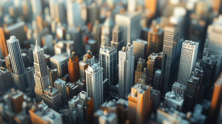 Detailed shot of a city skyline featuring multiple tall buildings, with emphasis on the architectural details and the contrast with the surrounding cityscapeの素材