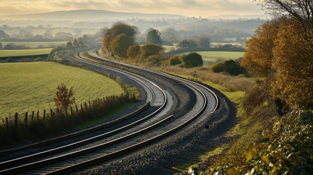 Detailed view of a railway track curving through a scenic countryside, with emphasis on the tracks, surrounding fields, and distant hills.の素材