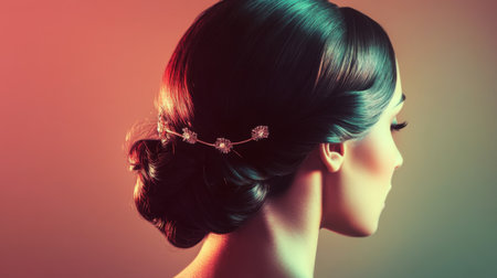 High-resolution shot of a woman with a glamorous, pinned-up hairstyle, featuring smooth, elegant waves and decorative hairpins.の素材