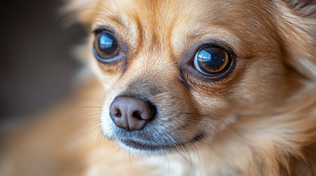 Detailed view of a small, cute dog with a bright, curious gaze, captured in a moment of playfulness with a toy or treat.の素材