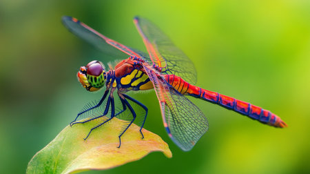 High-definition shot of a dragonfly resting on a leaf, with a focus on its intricate wing patterns and colorful body, set against a natural backdrop.の素材