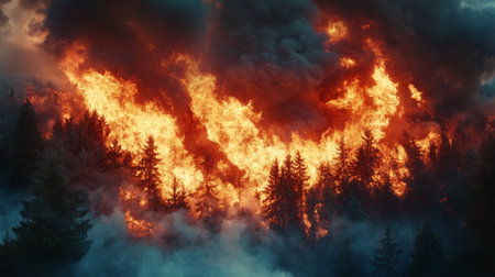 High-resolution close-up of a fire engulfing a forest, with thick smoke and bright flames creating a dramatic and impactful sceneの素材