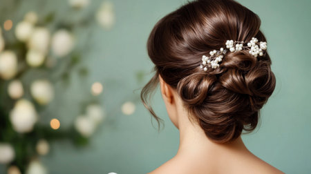 High-resolution shot of a woman with a glamorous, pinned-up hairstyle, featuring smooth, elegant waves and decorative hairpins.の素材