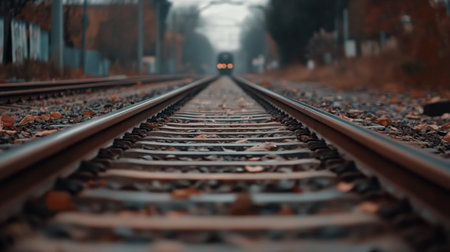 High-definition shot of a railway track with a train approaching in the distance, capturing the movement and the structure of the tracks.の素材