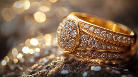 Macro shot of a gold ring encrusted with diamonds, its delicate design and fine gold texture captured in detail, symbolizing luxury.の素材