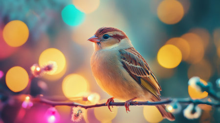 Detailed shot of a beautiful bird in profile, with a background of blurred, colorful lights that enhance the bird's natural beauty and vivid colors.の素材