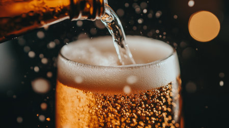 Detailed shot of a chilled beer bottle being opened, with the focus on the bubbles rising and the refreshing pour into a glass.の素材