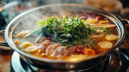 Detailed shot of a hot pot filled with vibrant vegetables, tender slices of meat, and aromatic herbs, captured with steam rising from the simmering broth.の素材