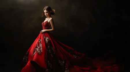 A beautiful woman in an elegant evening gown, posing for a formal event or gala, highlighting sophistication and glamour.の素材
