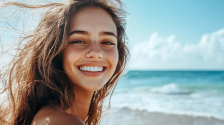 A beautiful woman with a radiant smile, enjoying a day at the beach, with the ocean and blue sky in the background.の素材