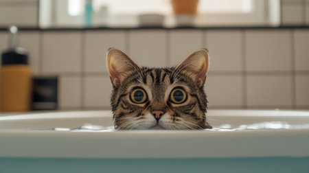 A cat cautiously exploring a bathtub filled with a small amount of water, with a focus on its curious and cautious behavior.の素材
