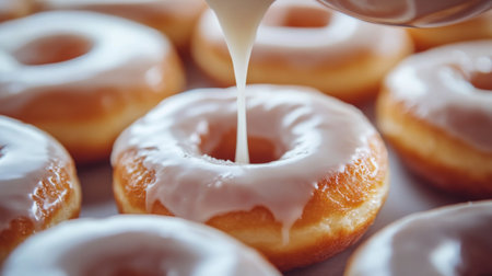 A close-up of a donut being drizzled with icing or glaze, with the focus on the sweet and enticing process of topping the treat.の素材