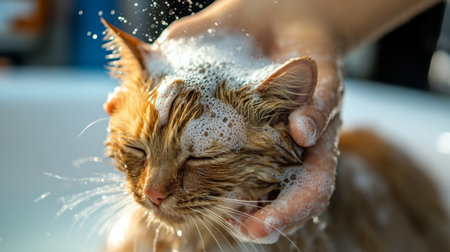 A cat being bathed in a pet grooming salon, with a professional groomer using gentle techniques to ensure the cat comfort during the bath.の素材